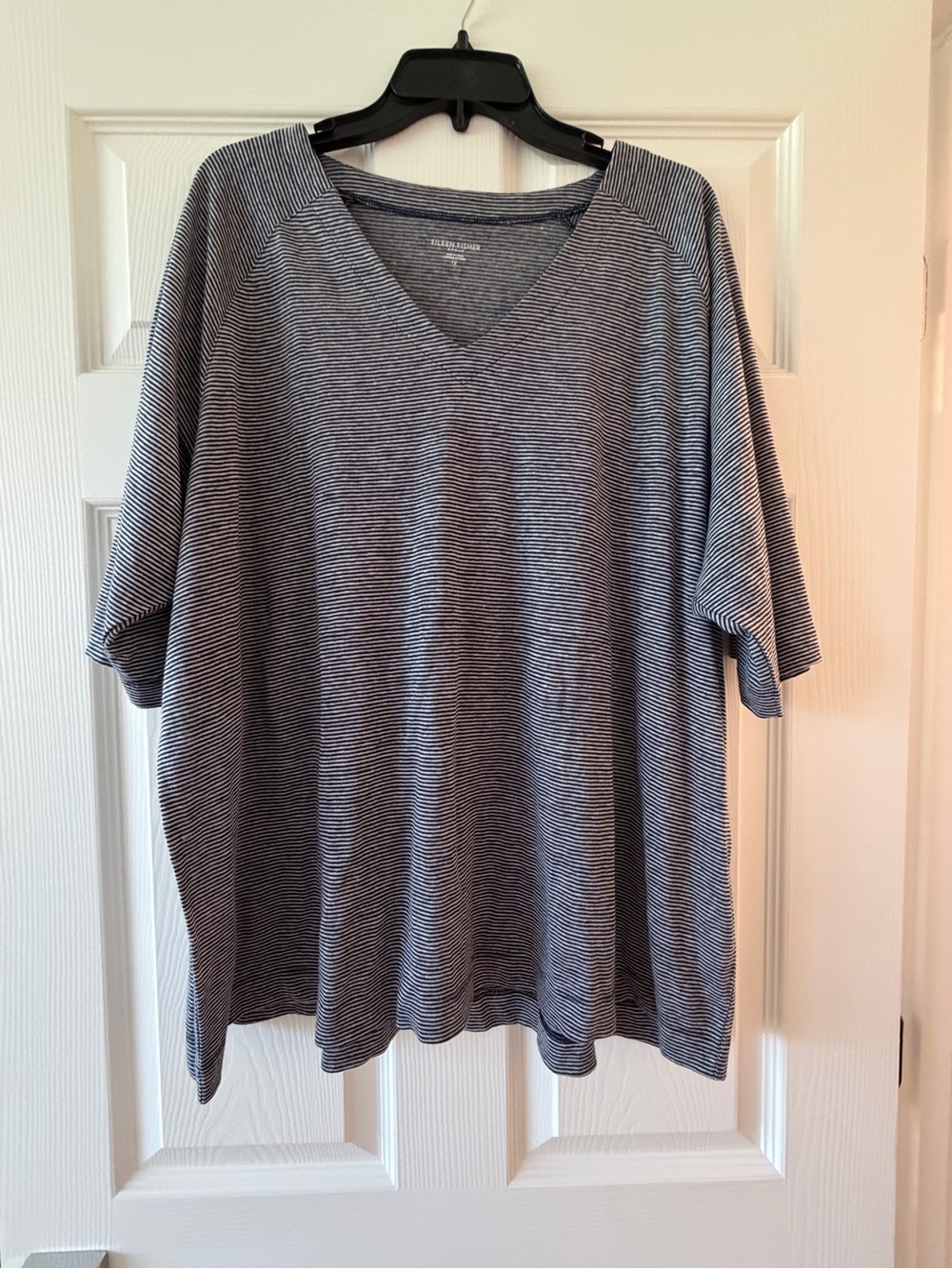 Eileen Fisher Navy and White Striped V‑Neck Short Sleeve Tee